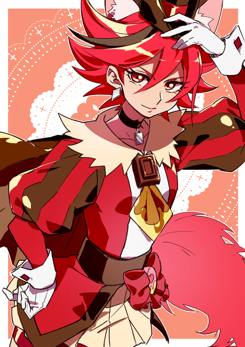 1girl, animal_ears, bangs, bow, brown_choker, brown_hair, brown_hat, closed_mouth