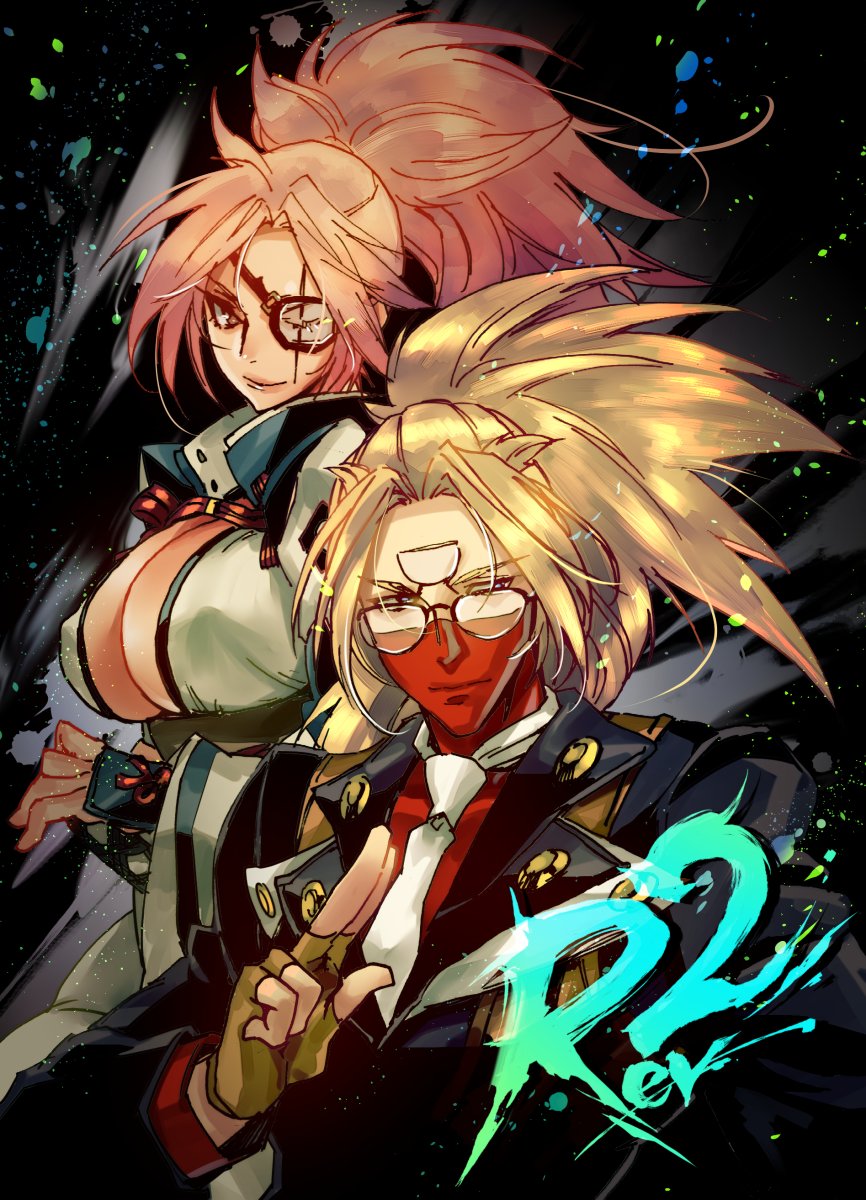 1boy, 1girl, amputee, answer_(guilty_gear), baiken, blonde_hair, blue_eyes, breasts