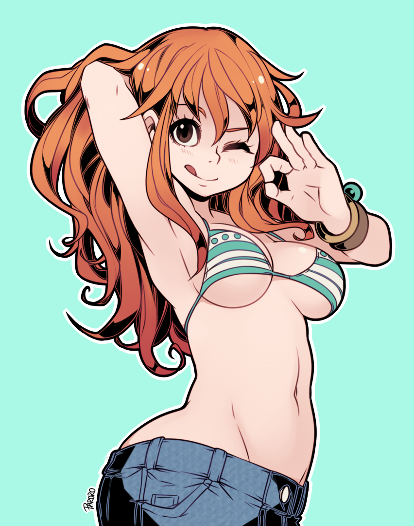 1girl, arm_behind_head, armpits, ass, bikini_top, blue_background, bracelet, breasts