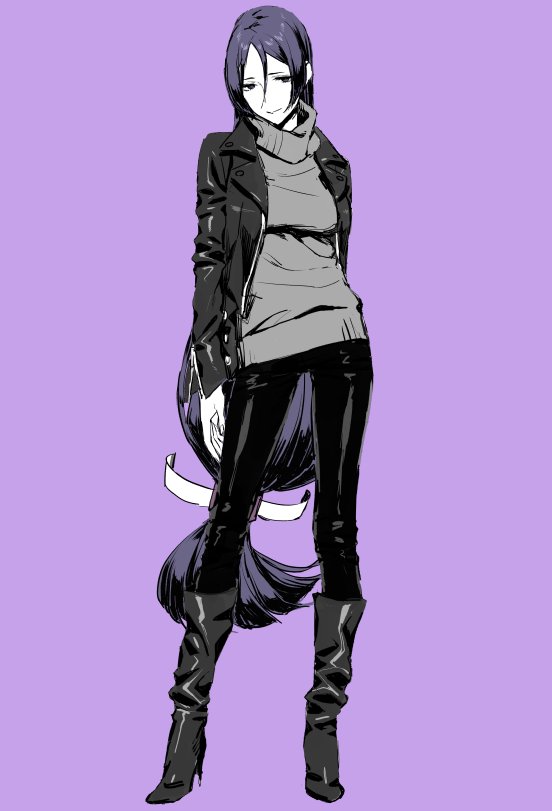 1girl, breasts, denim, fate/grand_order, fate_(series), jacket, jeans, long_hair, looking_at_viewer, minamoto_no_raikou_(fate/grand_order), nakuta, pants, purple_hair, simple_background, smile, solo, very_long_hair, violet_eyes