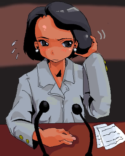 america, blush, bob_cut, condoleezza_rice, dark_skin, earrings, embarrassed, forehead, jewelry, lowres, microphone, oekaki, politician, solo, usa
