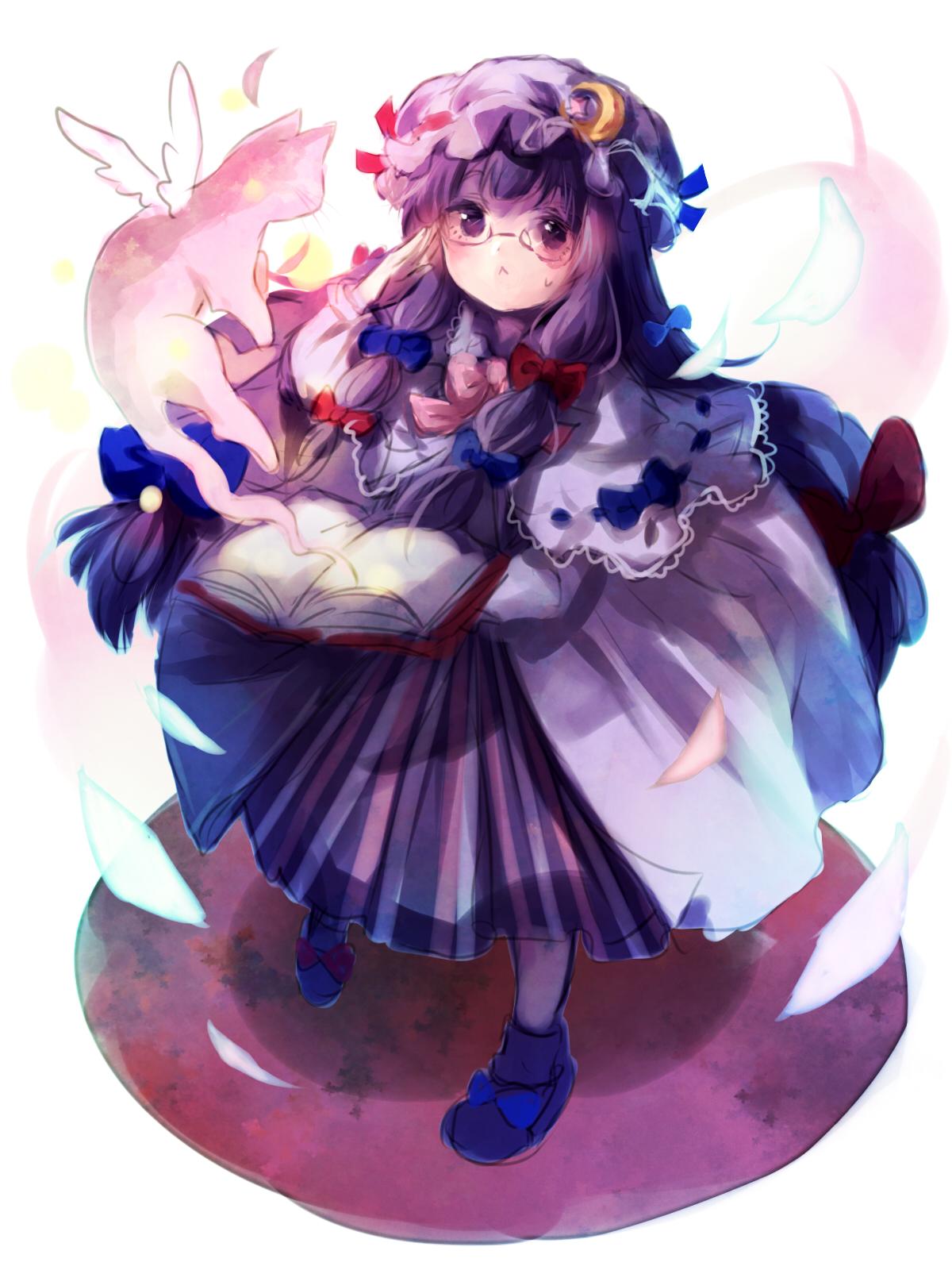 1girl, animal, bespectacled, book, bow, capelet, cat, crescent