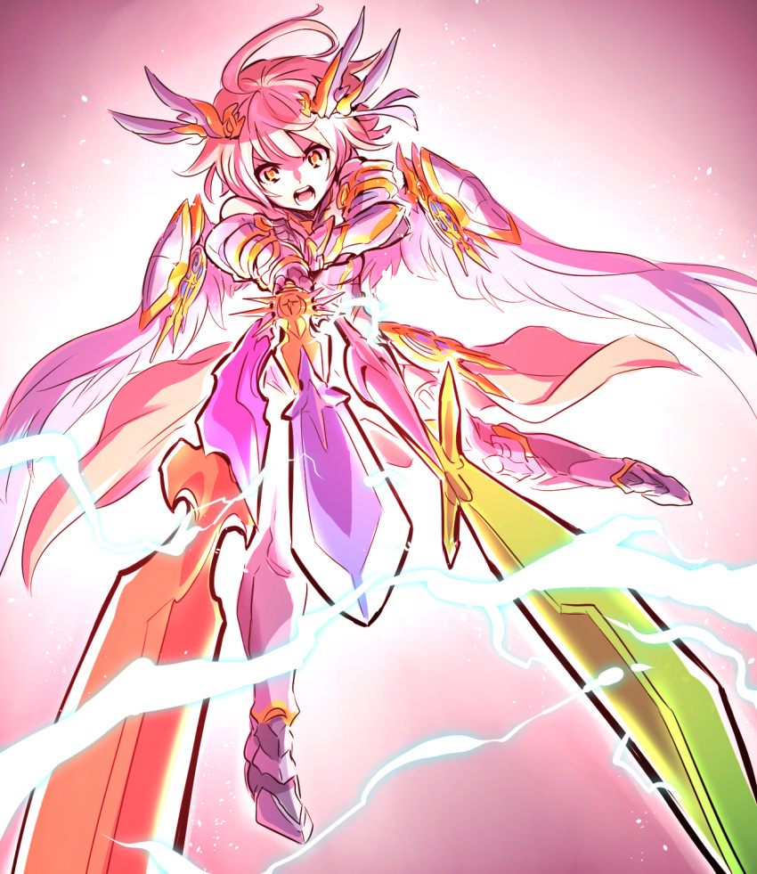 1girl, ahoge, boots, brown_hair, dragon_girl, dragon_horns, electricity, feathered_wings