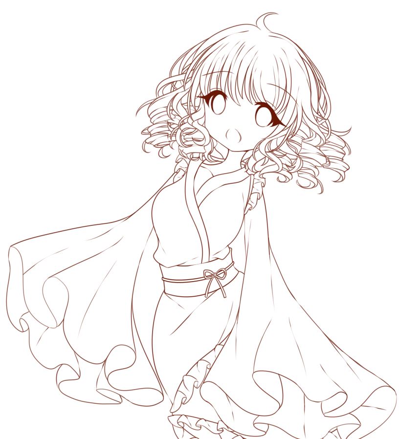 1girl, breasts, collarbone, drill_hair, frilled_kimono, frills, japanese_clothes, kimono