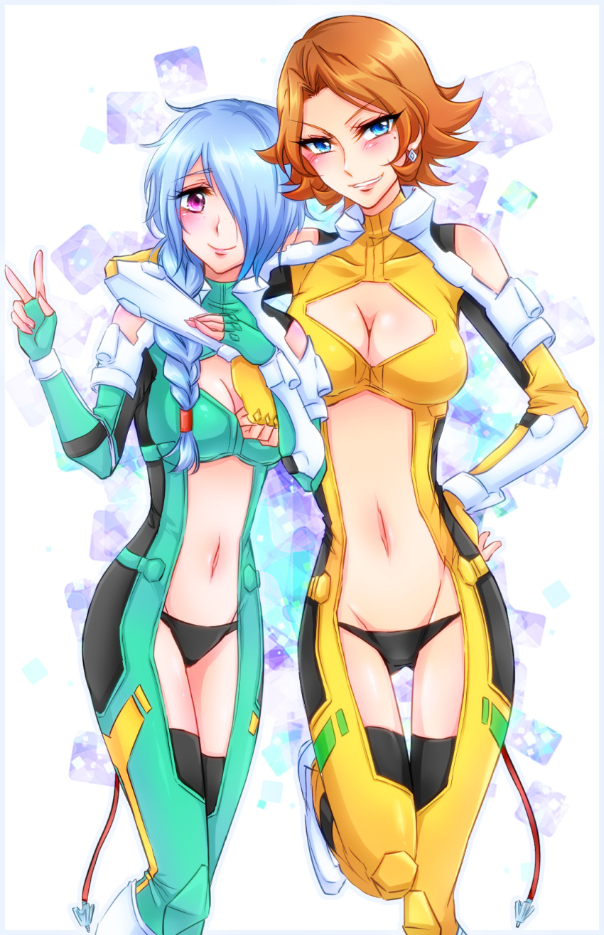 2girls, arm_around_neck, blue_eyes, blue_hair, braid, breasts, brown_hair, chris_(cross_ange)