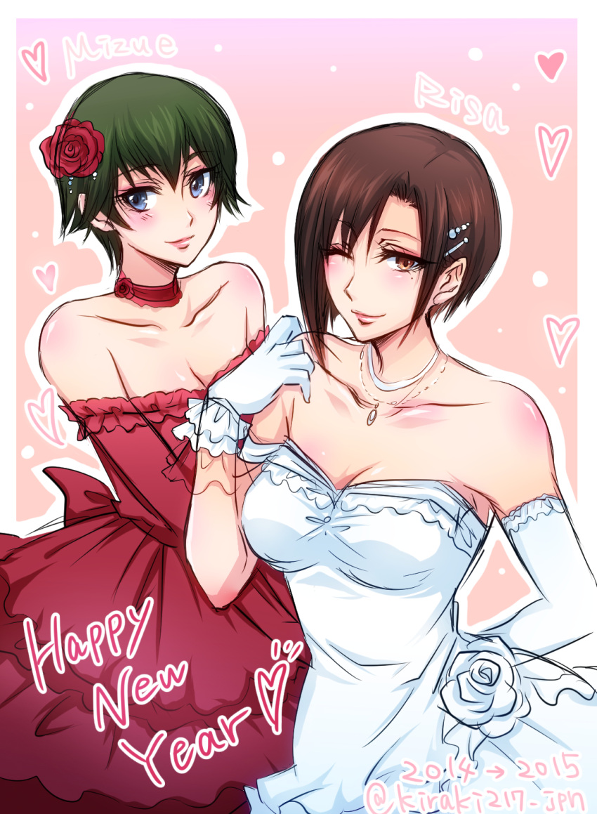 2015, aoyanagi_risa, bare_shoulders, blush, character_name, choker, dated, dress, elbow_gloves, gloves, happy_new_year, heart, highres, kiraki, lips, looking_at_viewer, mismatched_gloves, new_year, one_eye_closed, psycho-pass, red_dress, shisui_mizue, twitter_username, wedding_dress, white_dress, white_gloves, yuri