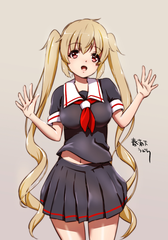 1girl, black_serafuku, black_skirt, brown_eyes, brown_hair, cowboy_shot, facing_viewer, grey_background