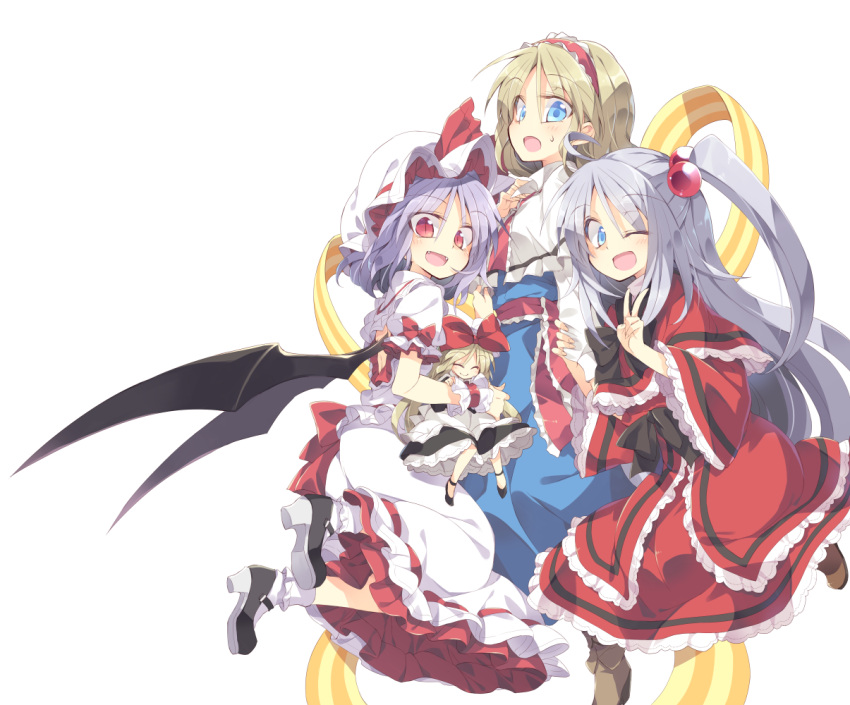 3girls, alice_margatroid, apron, back_cutout, bat_wings, blonde_hair, blue_dress, blue_eyes
