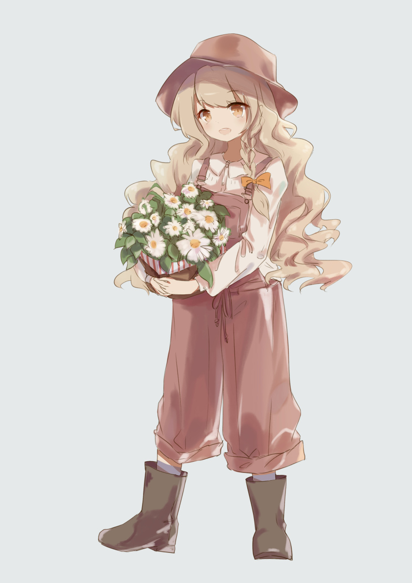 1girl, :d, absurdres, alternate_costume, black_boots, blonde_hair, blue_background, boots, bow, braid, brown_hat, c_(artist), collared_shirt, commentary_request, daisy, flower, flower_basket, full_body, hair_bow, hair_ribbon, hat, highres, kirisame_marisa, long_hair, long_sleeves, looking_at_viewer, object_hug, open_mouth, orange_bow, orange_eyes, overalls, puffy_long_sleeves, puffy_sleeves, ribbon, shirt, side_braid, simple_background, single_braid, smile, solo, suspenders, touhou, tress_ribbon, wavy_hair, white_flower, white_shirt