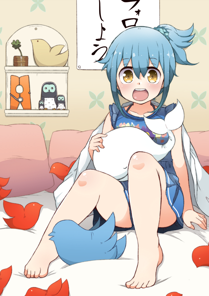 1girl, :o, ;d, barefoot, bird_pillow, blue_hair, blush, brown_eyes, clothes_pin, clover_(flower), commentary_request, flower, flower_pot, labcoat, logo, looking_at_viewer, one_eye_closed, open_mouth, oversized_object, personification, pillow, plant, ponytail, potted_plant, scrunchie, shelf, sitting, skirt, smile, solo, stuffed_animal, stuffed_bird, stuffed_toy, stuffed_whale, teeth, tsukigi, twitter, yellow_eyes