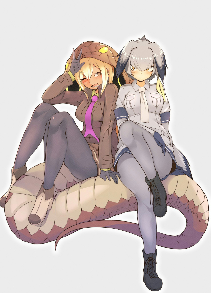 2girls, ;d, ankle_boots, beige_boots, bird_tail, bird_wings, black_boots, black_footwear, black_gloves, black_legwear, blonde_hair, bodystocking, boots, breast_pocket, breasts, brown_jacket, brown_skirt, collar, collared_shirt, cross-laced_footwear, eyebrows_visible_through_hair, eyelashes, full_body, gloves, gradient_hair, grey_background, grey_belt, hand_on_own_thigh, hand_up, head_wings, highres, jacket, jovejun, kemono_friends, king_cobra_(kemono_friends), knee_up, knees_together_feet_apart, large_breasts, leggings, light_brown_eyes, long_hair, long_tail, looking_at_another, looking_to_the_side, low_ponytail, medium_breasts, monster_girl, multicolored_hair, multiple_girls, necktie, one_eye_closed, open_mouth, outline, pleated_skirt, pocket, popped_collar, purple_necktie, sanpaku, shiny, shiny_clothes, shiny_hair, shirt, shoebill_(kemono_friends), shoelaces, short_sleeves, side_ponytail, simple_background, sitting_on_tail, skirt, smile, snake_tail, tail, teeth, thick_thighs, thighs, tsurime, two-tone_hair, unitard, v, white_necktie, white_outline, wings, yellow_eyes, yellow_shirt