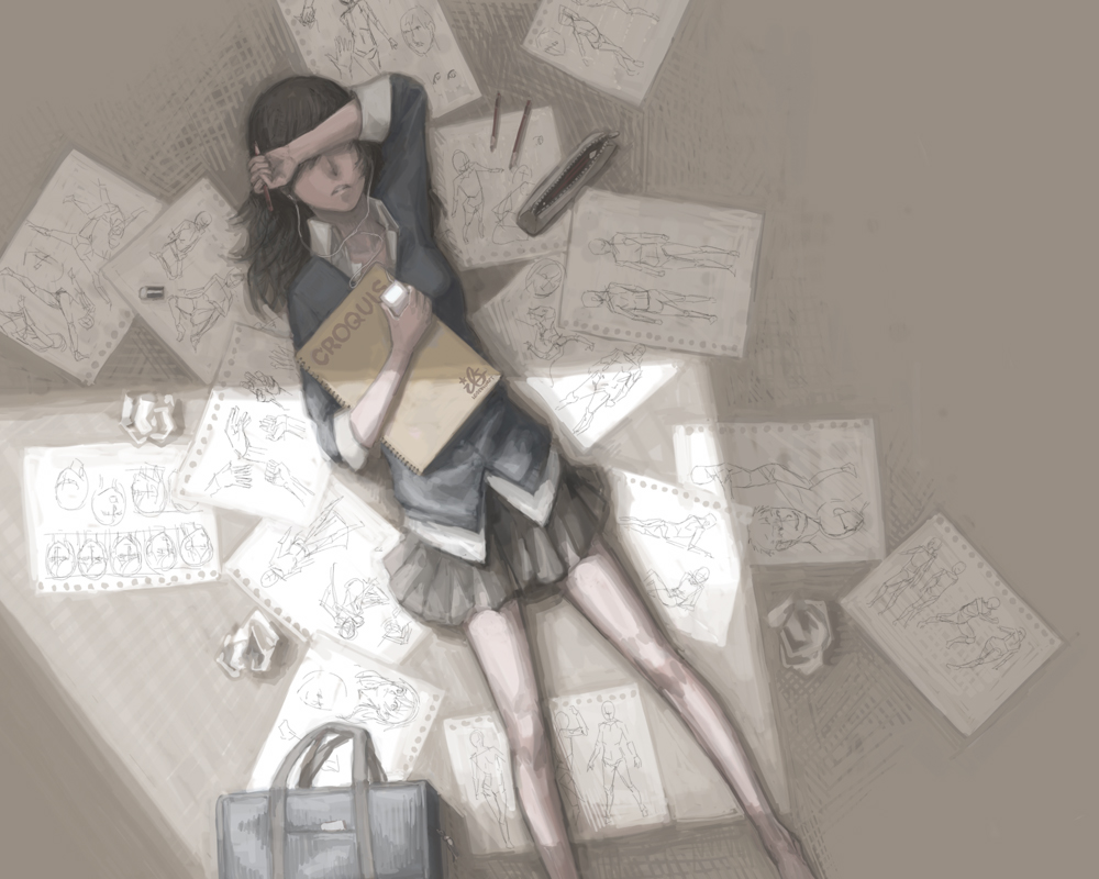 brown_hair, covering_eyes, digital_media_player, drawing, dress_shirt, earphones, eraser, ipod