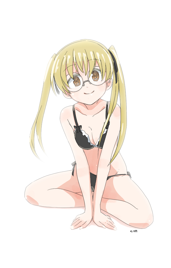 1girl, arm_support, artist_name, bangs, black_bra, black_panties, black_ribbon, bow, bow_bra, bra, breasts, brown_eyes, brown_hair, cleavage, closed_mouth, collarbone, ei_(akinosakae), full_body, girls_und_panzer, glasses, hair_ribbon, indian_style, leaning_forward, long_hair, looking_at_viewer, oono_aya, panties, ribbon, round_glasses, side-tie_panties, simple_background, sitting, small_breasts, smile, solo, standing, twintails, underwear, underwear_only, v_arms, white_background