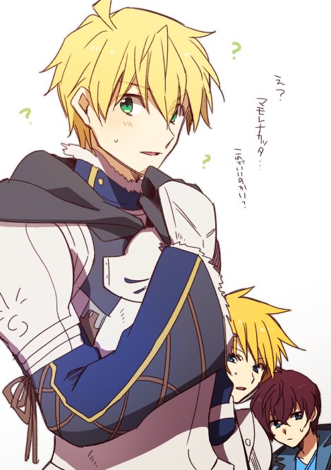 3boys, ahoge, armor, blonde_hair, blush, brown_hair, character_request, choco_taberusan
