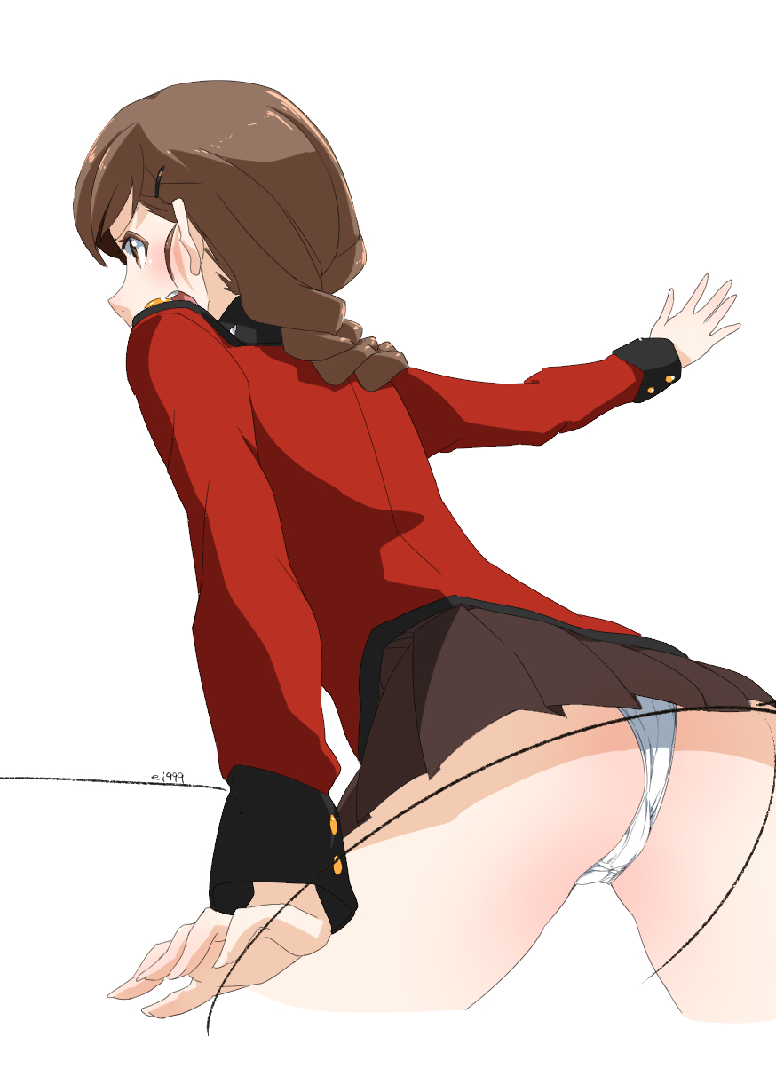 1girl, arm_support, artist_name, black_skirt, braid, brown_eyes, brown_hair, ei_(akinosakae)
