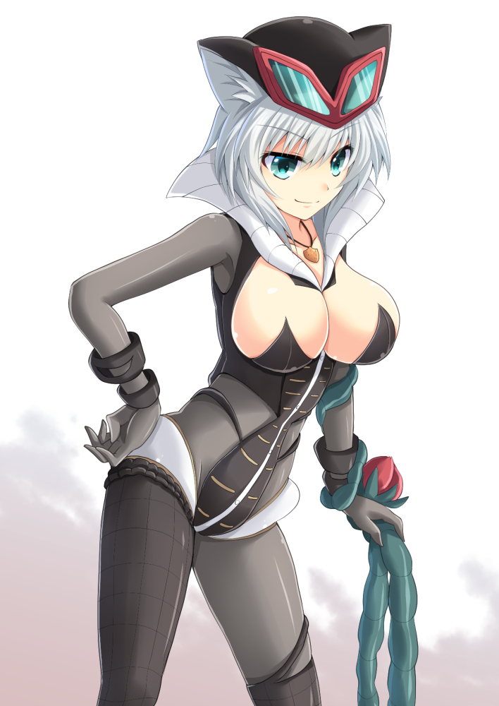 1girl, animal_ears, black_gloves, blue_eyes, bodysuit, breasts, cleavage, cleavage_cutout