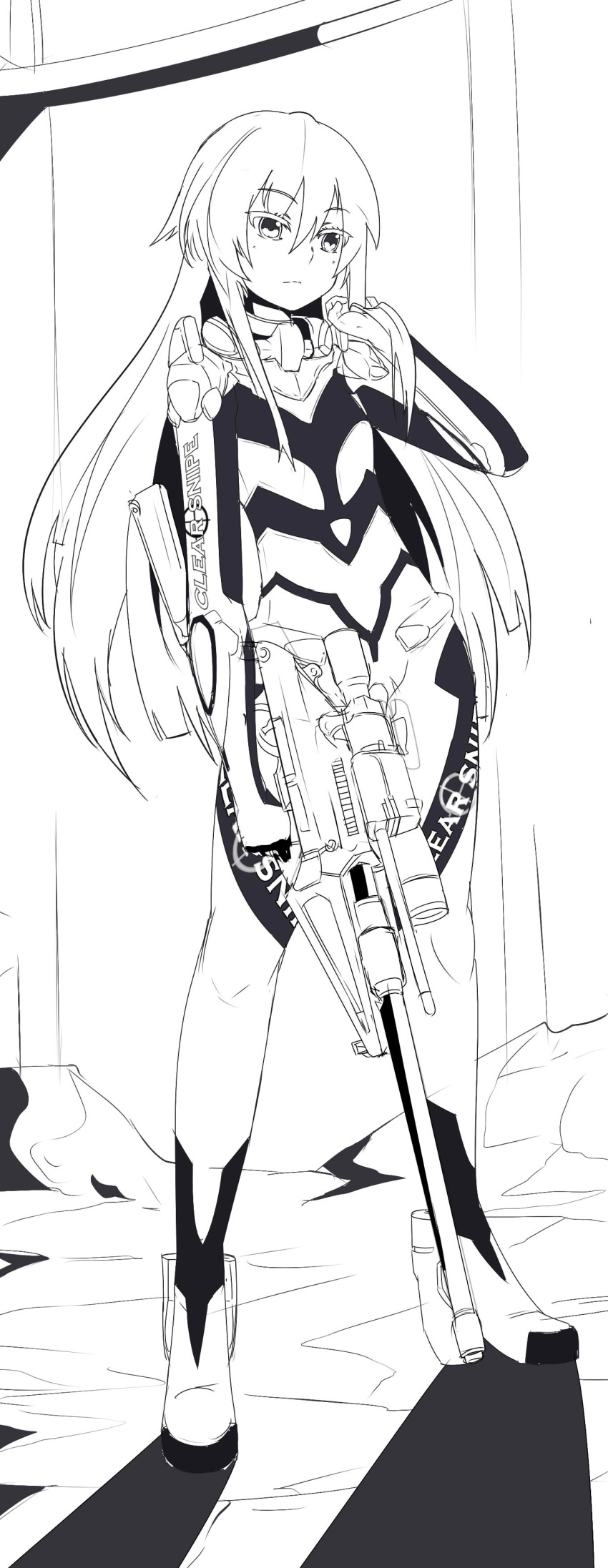 1girl, absurdres, bodysuit, breasts, eyebrows_visible_through_hair, greyscale, gun, heavy_object