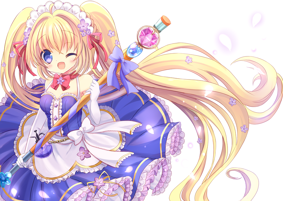 1girl, ;d, ahoge, blonde_hair, blue_bow, blue_dress, blue_eyes, bow