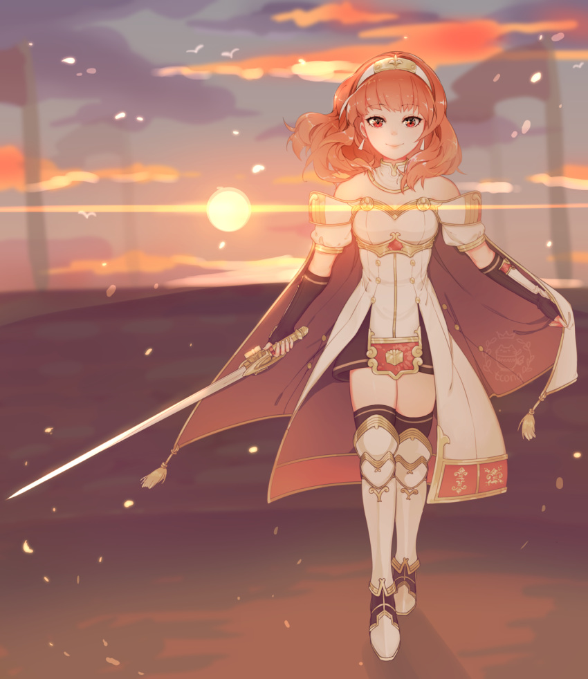 1girl, artist_logo, artist_name, cape, celica_(fire_emblem), clouds, cloudy_sky, dress, earrings, fire_emblem, fire_emblem_echoes:_mou_hitori_no_eiyuuou, gloves, headband, highres, jewelry, long_hair, red_eyes, redhead, skirt, sky, smile, solo, sparkle_background, strapless, strapless_dress, sun, sunset, sword, tcong, weapon, white_dress