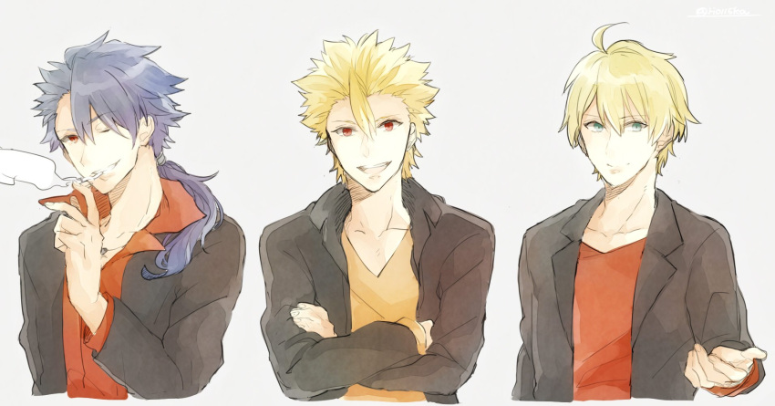 3boys, ahoge, archer_(fate/prototype), armor, banira_(ri0115ka), blonde_hair, blue_eyes, blue_hair