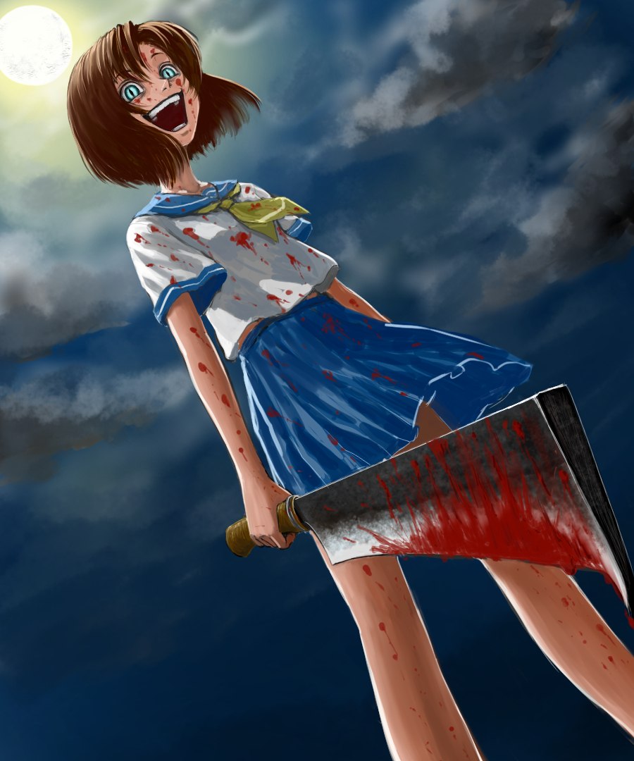 1girl, billhook, blood, blue_eyes, blue_skirt, brown_hair, clouds, full_moon, higurashi_no_naku_koro_ni, holding, holding_weapon, laughing, looking_at_viewer, moon, night, night_sky, open_mouth, pixiv_id_936217, ryuuguu_rena, short_hair, short_sleeves, skirt, sky, solo, weapon, yandere