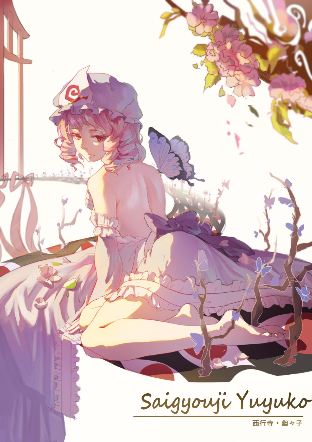 1girl, bare_back, barefoot, butterfly, character_name, detached_sleeves, drill_hair, flower