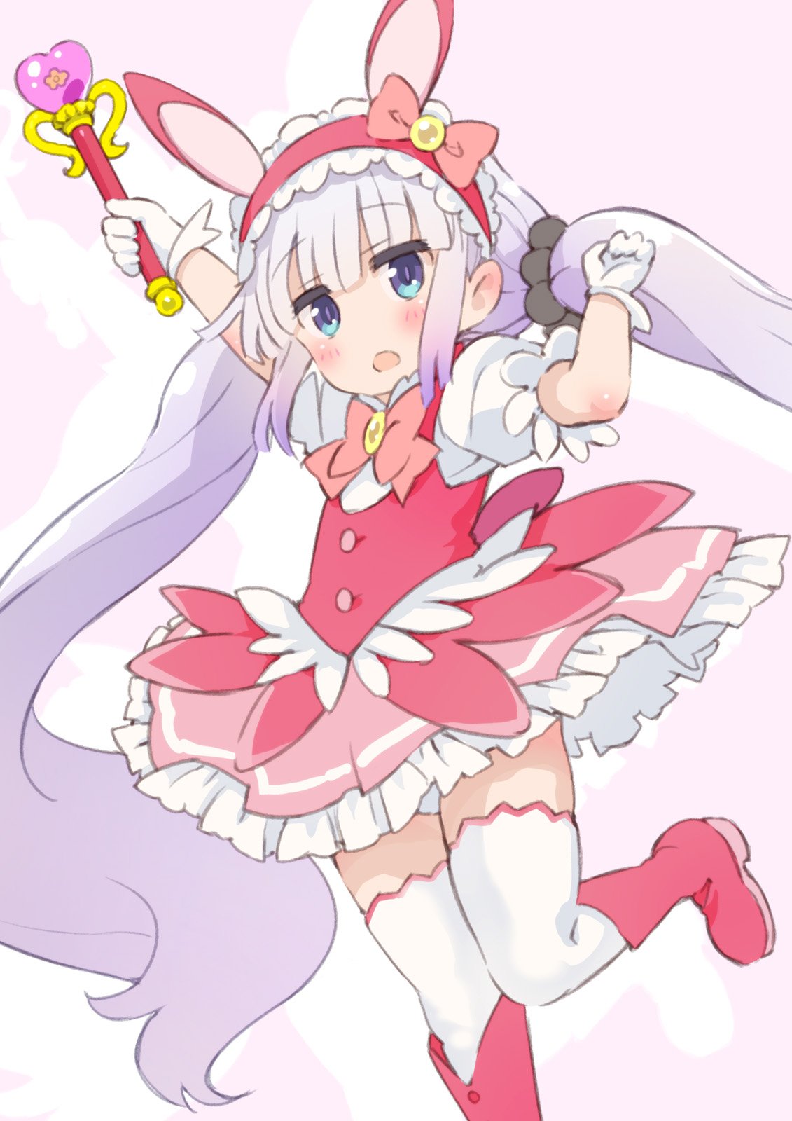 1girl, :o, alternate_costume, alternate_hairstyle, animal_ears, arms_up, bangs, blue_eyes