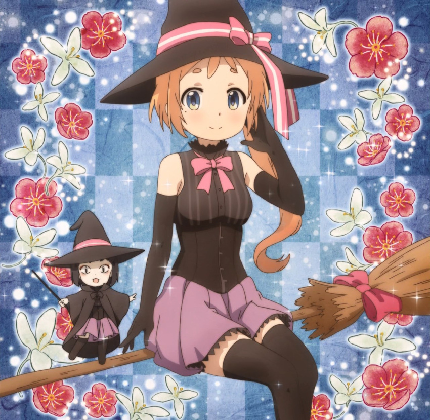 2girls, blue_eyes, cosplay, hat, highres, matsuko_(urara_meirochou), multiple_girls, natsume_nono, orange_hair, screencap, short_hair, thigh-highs, urara_meirochou, witch_hat, yukimi_koume, yukimi_koume_(cosplay)