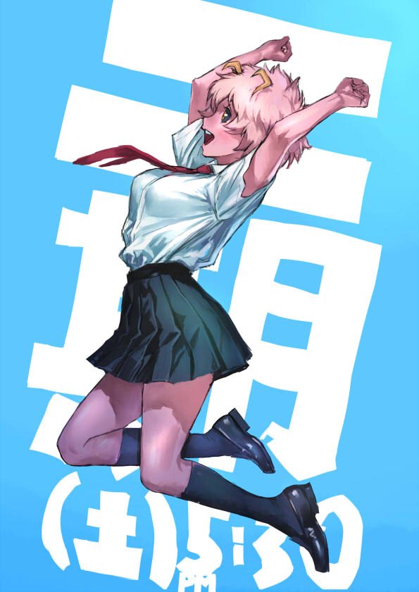 :d, antennae, arms_up, ashido_mina, black_sclera, blue_background, boku_no_hero_academia, breasts