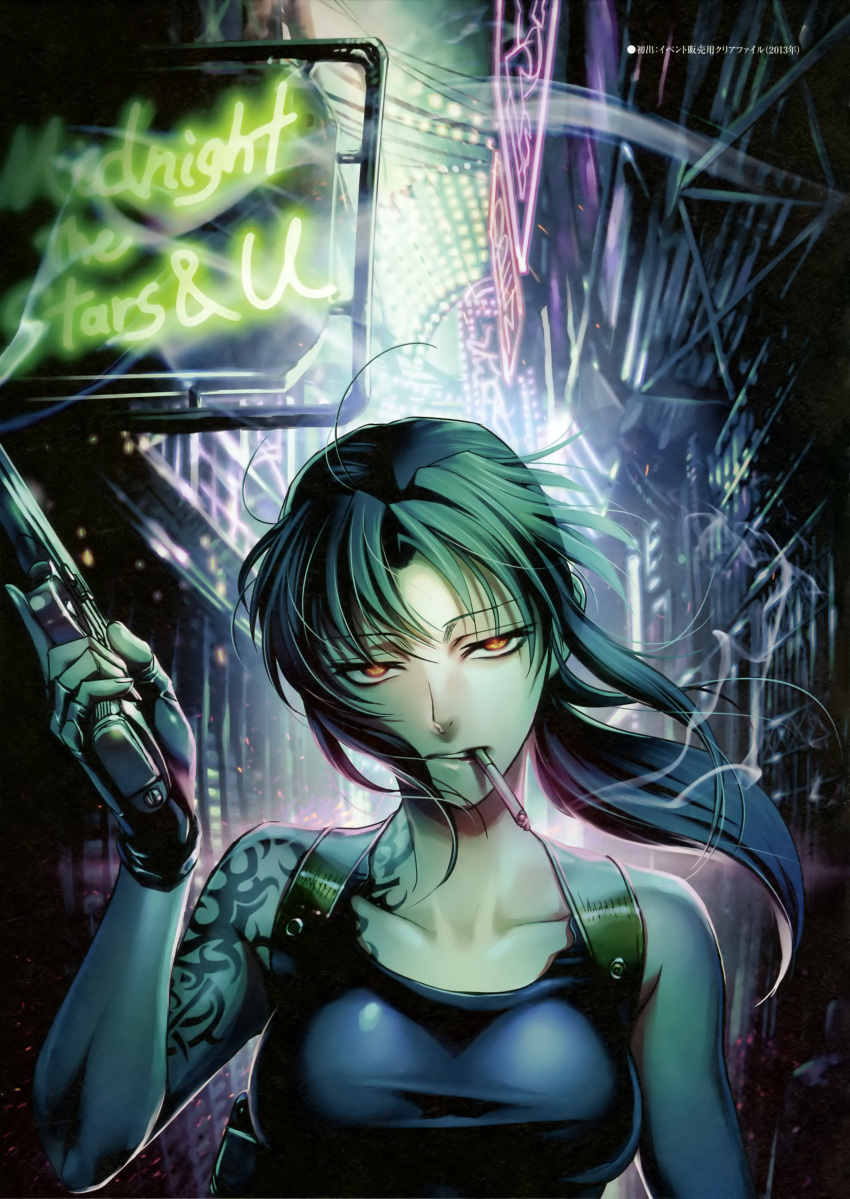 1girl, absurdres, bare_shoulders, black_gloves, black_lagoon, cigarette, collarbone, fingerless_gloves
