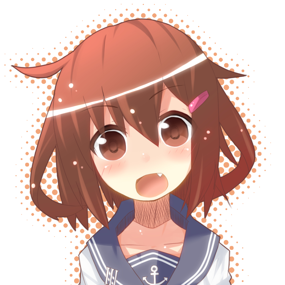 1girl, blush, brown_eyes, brown_hair, eyebrows_visible_through_hair, fang, hair_ornament, hairclip