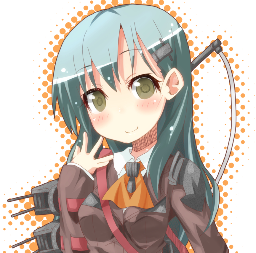 1girl, blush, eyebrows_visible_through_hair, green_eyes, green_hair, kantai_collection, long_hair, long_sleeves