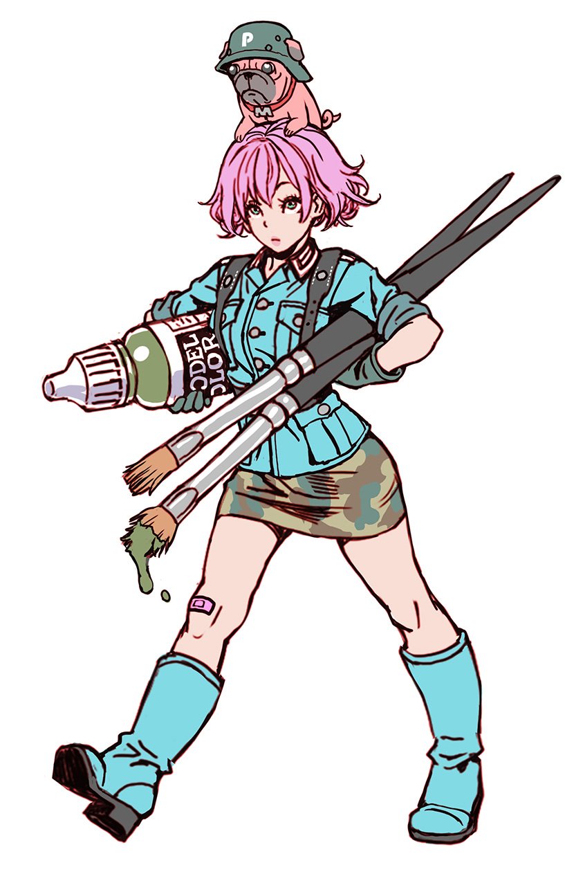 1girl, animal, animal_on_head, aqua_boots, bandaid, bandaid_on_knee, bottle, camouflage, camouflage_skirt, collar, dog, dripping, full_body, gloves, green_eyes, green_gloves, helmet, highres, miniskirt, on_head, oversized_object, paint, paintbrush, pink_hair, pink_lips, plastic_angels, pug, skirt, sleeves_rolled_up, yamashita_shun'ya
