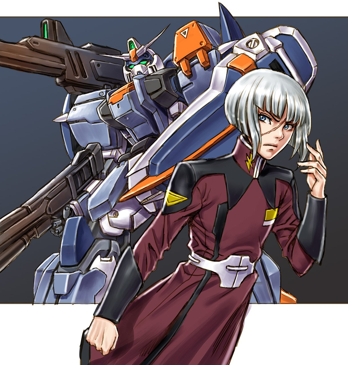 1boy, blue_eyes, clenched_hand, gun, gundam, gundam_seed, highres, male_focus