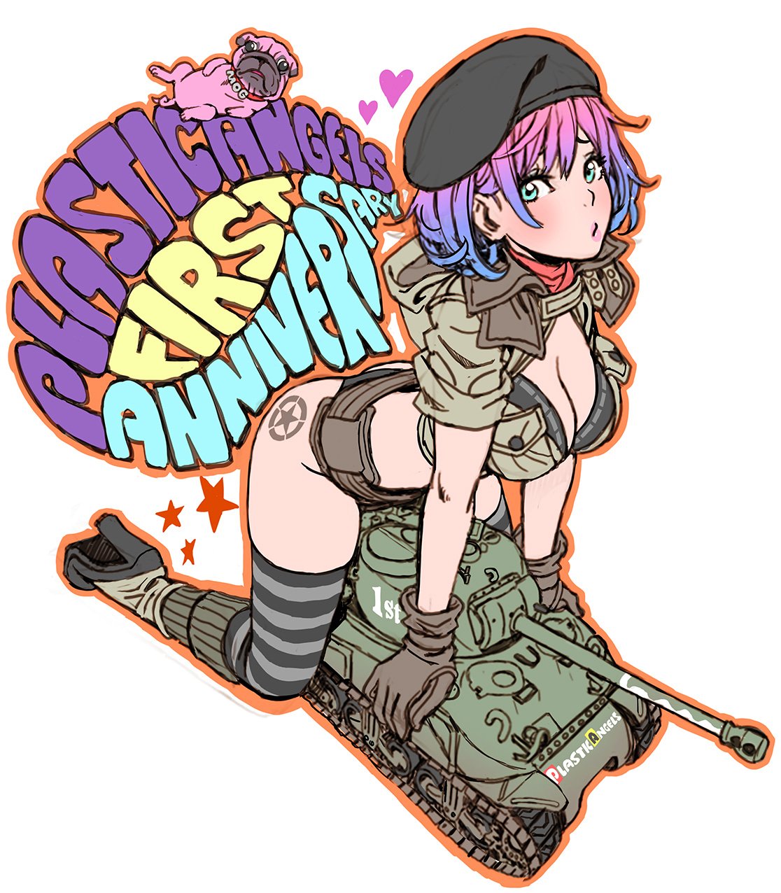 1girl, ass, black_panties, blue_hair, breasts, brown_gloves, cleavage, collar