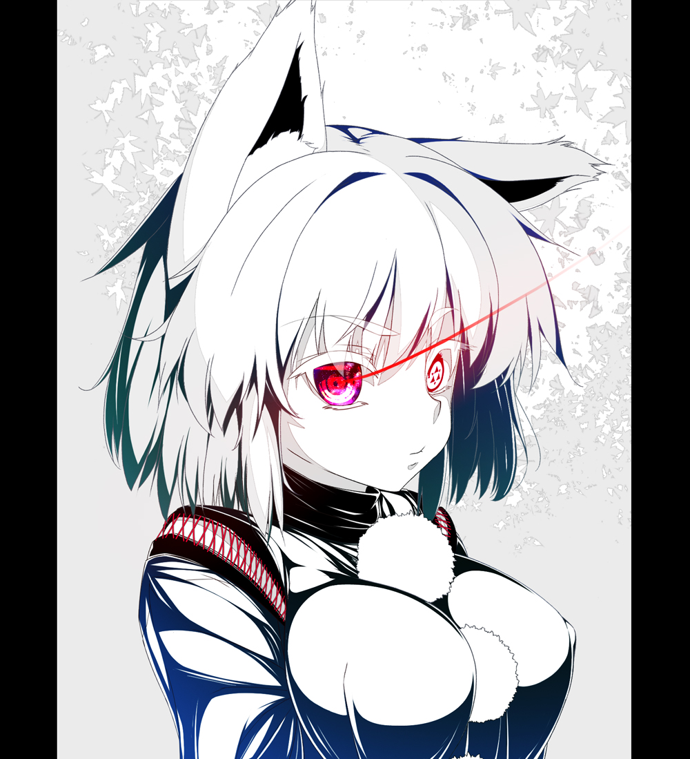 1girl, animal_ears, between_breasts, breasts, detached_sleeves, frown, fullmetal_alchemist, glowing, glowing_eye, high_collar, inubashiri_momiji, large_breasts, leaf, looking_at_viewer, maple_leaf, no_hat, no_headwear, ouroboros, pillarboxed, pom_pom_(clothes), red_eyes, revision, rukitsura, short_hair, silver_hair, solo, touhou, white_hair, wolf_ears
