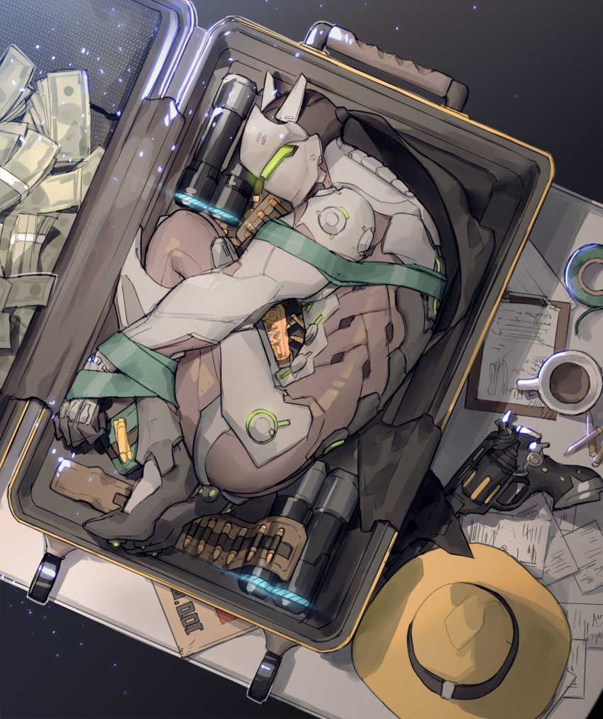 1boy, armor, ass, bodysuit, cyborg, genji_(overwatch), helmet, highres