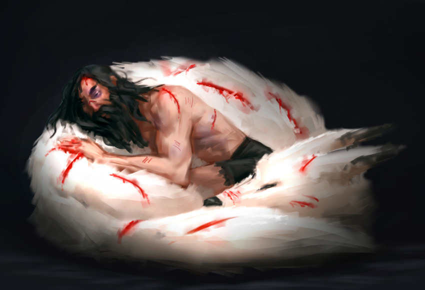 1boy, alternate_hair_length, alternate_hairstyle, animal, beard, black_eye, black_hair, blood