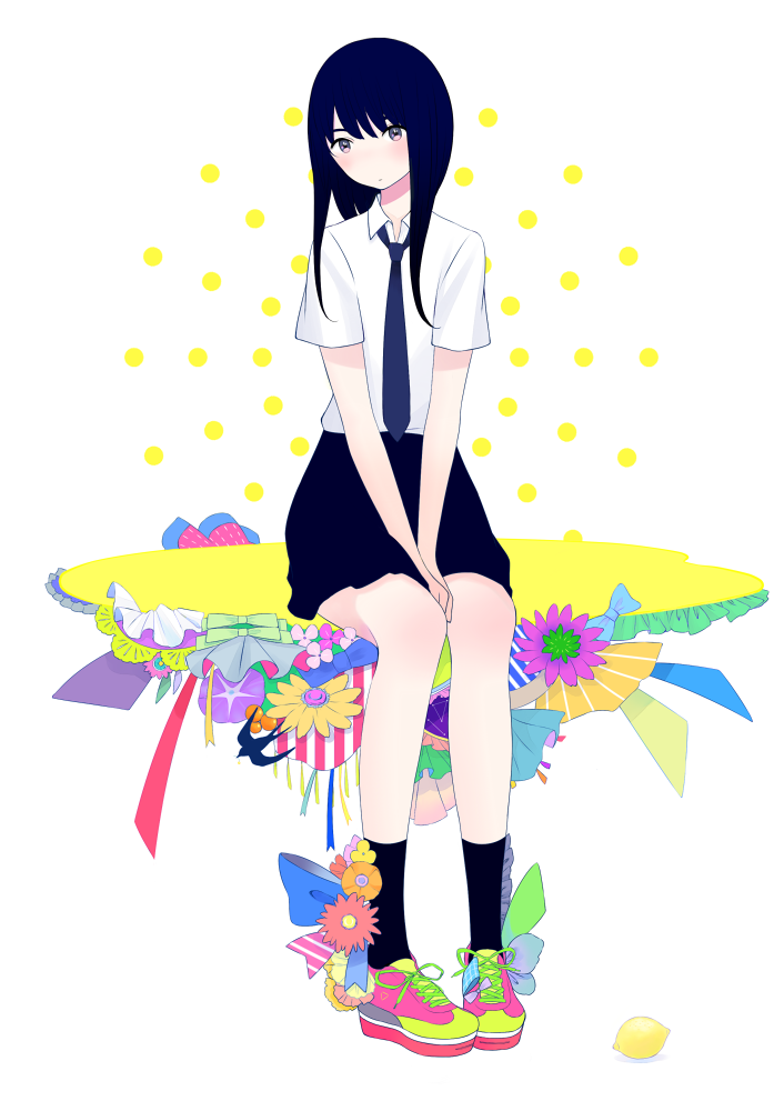 1girl, animal, bird, black_hair, black_legwear, blush, flower, food, frills, fruit, lemon, long_hair, necktie, original, ribata, ribbon, school_uniform, shirt, shoes, short_sleeves, sitting, skirt, sneakers, socks, solo, swallow, uniform, white_background