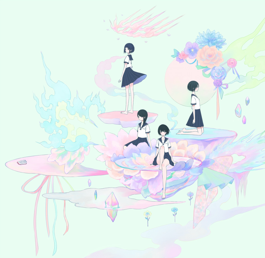4girls, barefoot, black_hair, floating, flower, highres, kneeling, long_hair