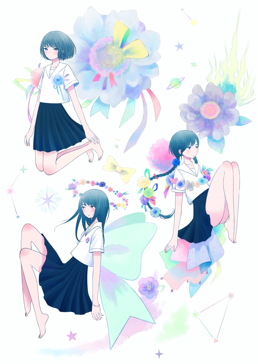 3girls, bare_legs, barefoot, blush, bow, bracelet, braid, floating