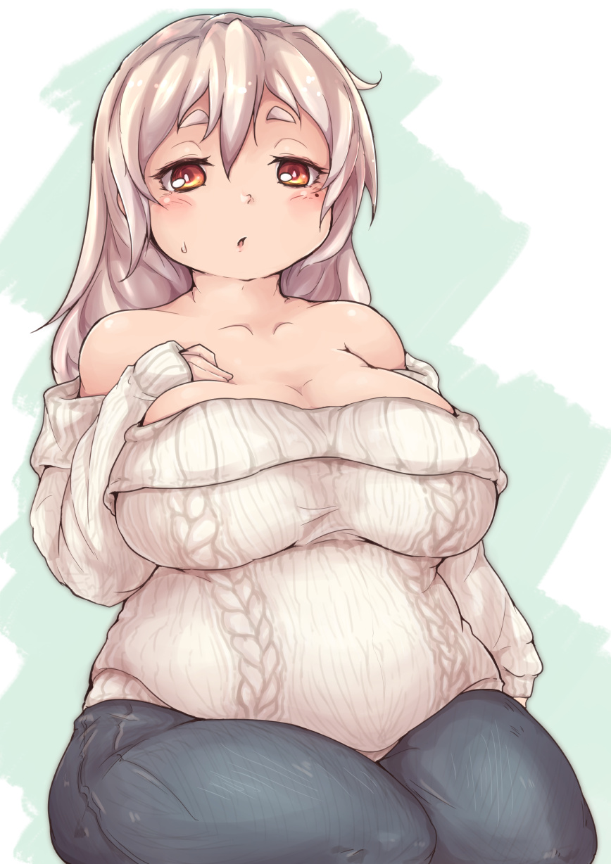 1girl, :o, bare_shoulders, blush, breasts, cleavage, collarbone, denim