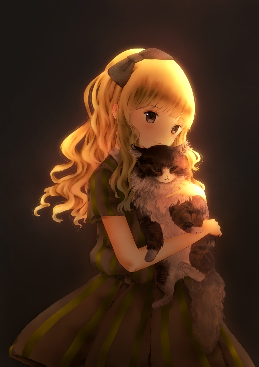 1girl, animal, animal_hug, backlighting, black_background, blonde_hair, brown_eyes, cat, cowboy_shot, dress, hair_ribbon, highres, long_hair, looking_at_viewer, original, persian_(animal), ribbon, seki_tsunano, short_sleeves, smile, solo, striped, striped_dress