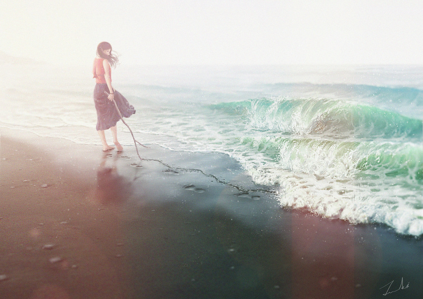 1girl, barefoot, beach, black_hair, black_skirt, bracelet, clouds, cloudy_sky