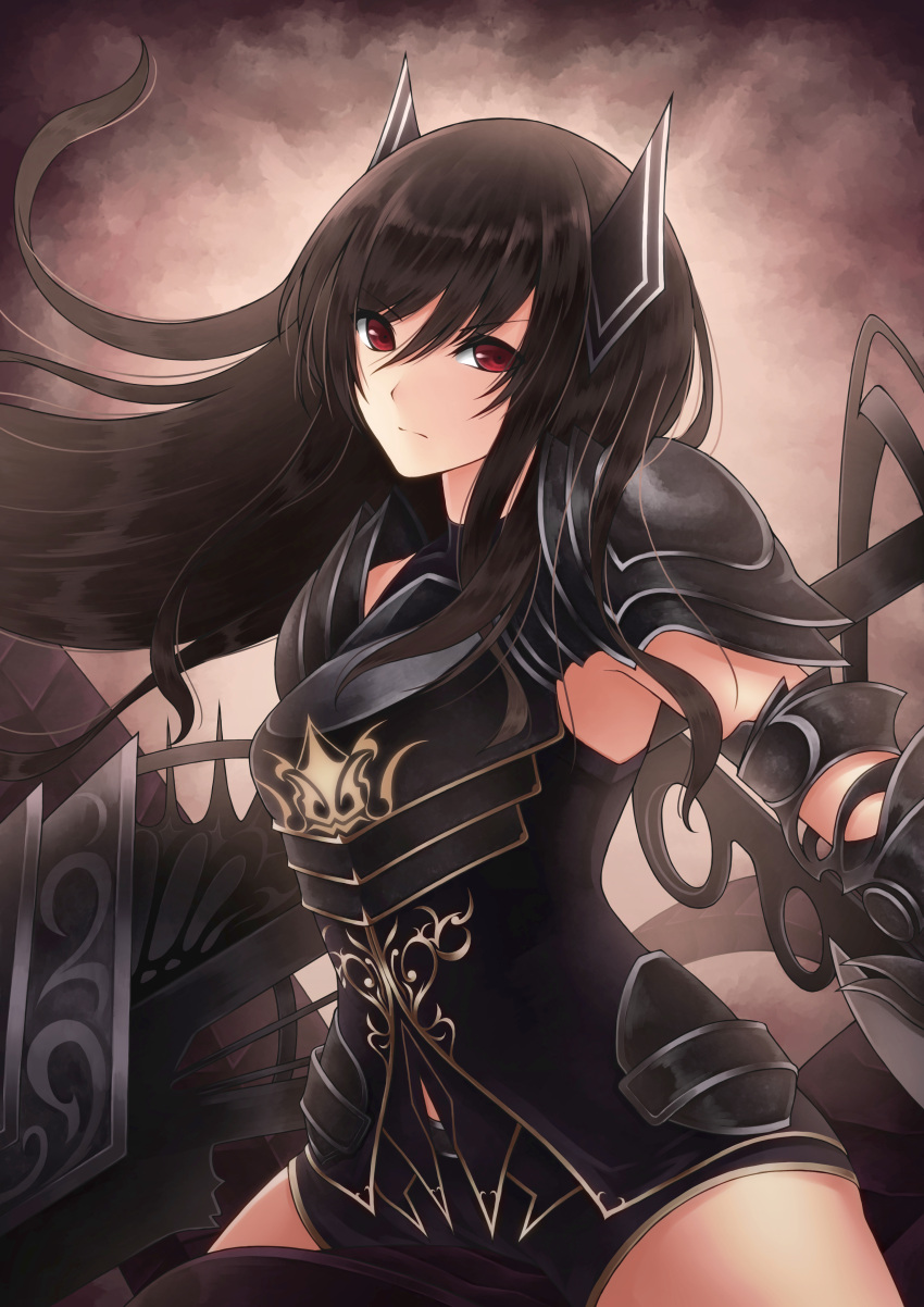>:), 1girl, absurdres, armor, bangs, brown_hair, closed_mouth, dragon, dual_wielding, forte_(shingeki_no_bahamut), from_side, gauntlets, highres, holding, holding_weapon, horns, long_hair, looking_at_viewer, meshida_(lux-far-accelerator), pauldrons, red_eyes, riding, riding_dragon, serious, shadowverse, shingeki_no_bahamut, sidelocks, upper_body, weapon