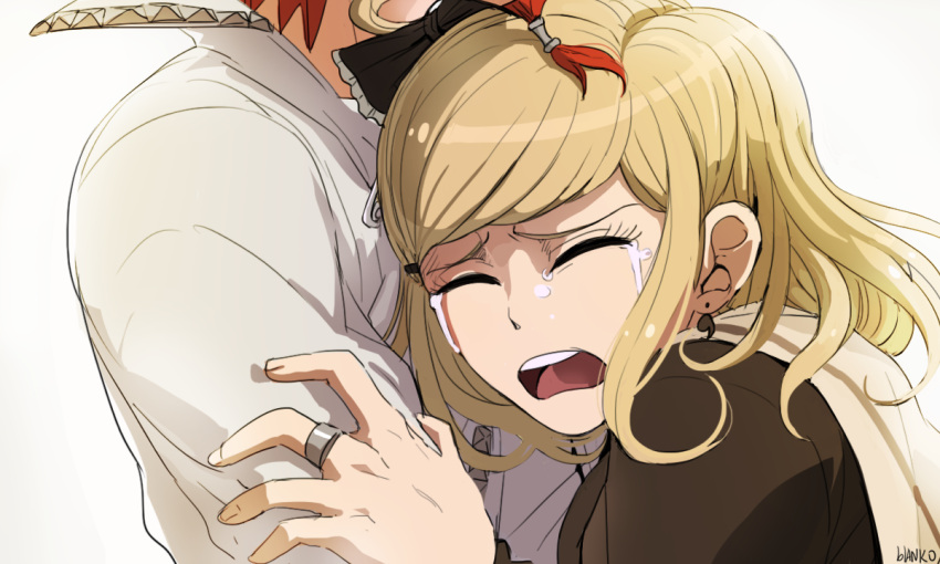 1boy, 1girl, blanko!, blonde_hair, bow, cousins, crying, dangan_ronpa