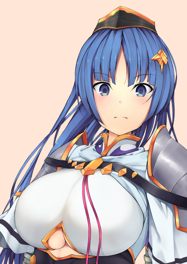 1girl, armor, bangs, beige_background, blue_eyes, blue_hair, blush, breasts
