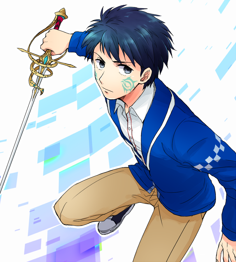 1boy, 31sgic, aoi_itsuki, black_eyes, blue_hair, facial_mark, gen'ei_ibunroku_sharp_fe, male_focus, solo, sword, weapon