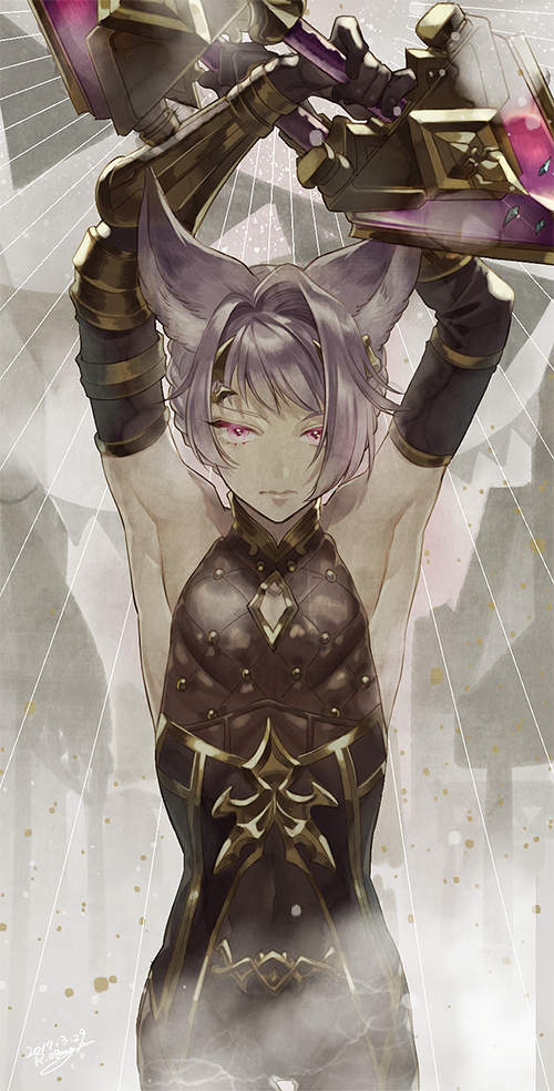 1boy, animal_ears, armpits, arms_up, bare_shoulders, braid, cat_ears, erun_(granblue_fantasy)
