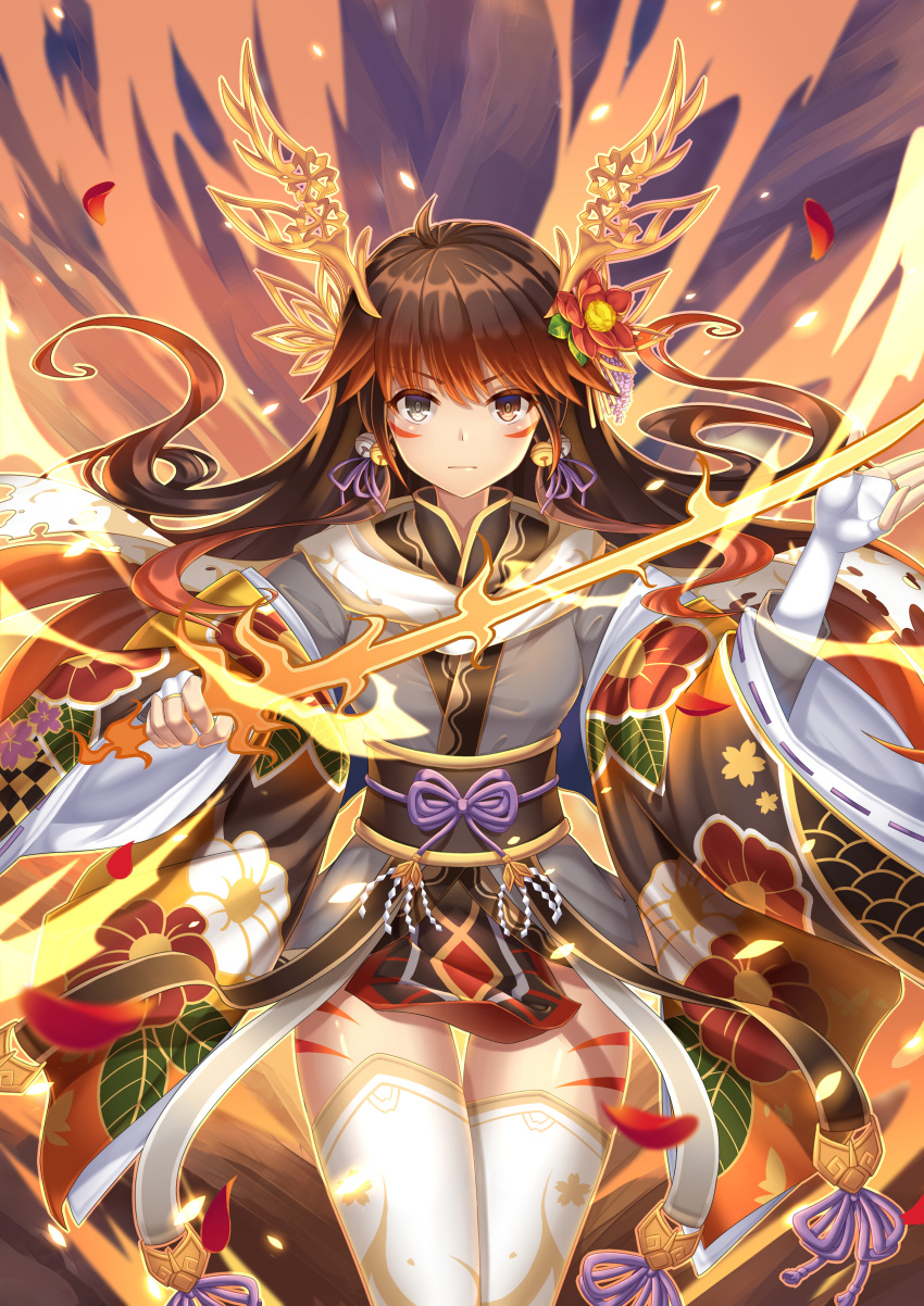 1girl, absurdres, bell, brown_hair, dragon_girl, hair_ornament, heterochromia, highres